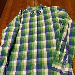 Banana‎ Republic Men's Blue and Green Plaid Long Sleeve Shirt Medium